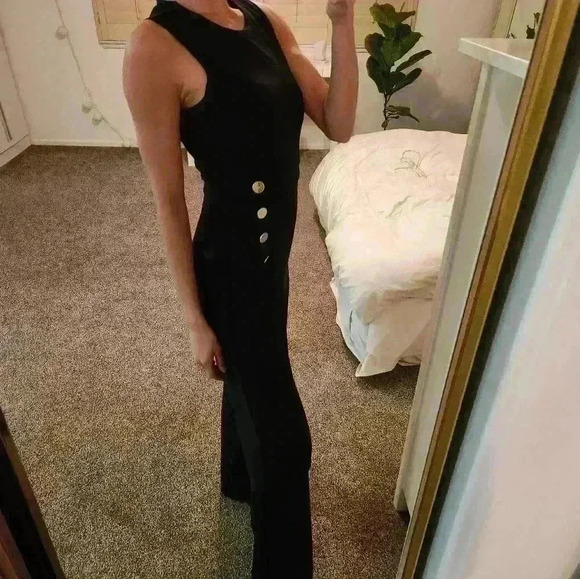 NWOT DKNY Jumpsuit Navy Gold Button Crew Neck Sleeveless Slimming Contouring Coc - Picture 10 of 11